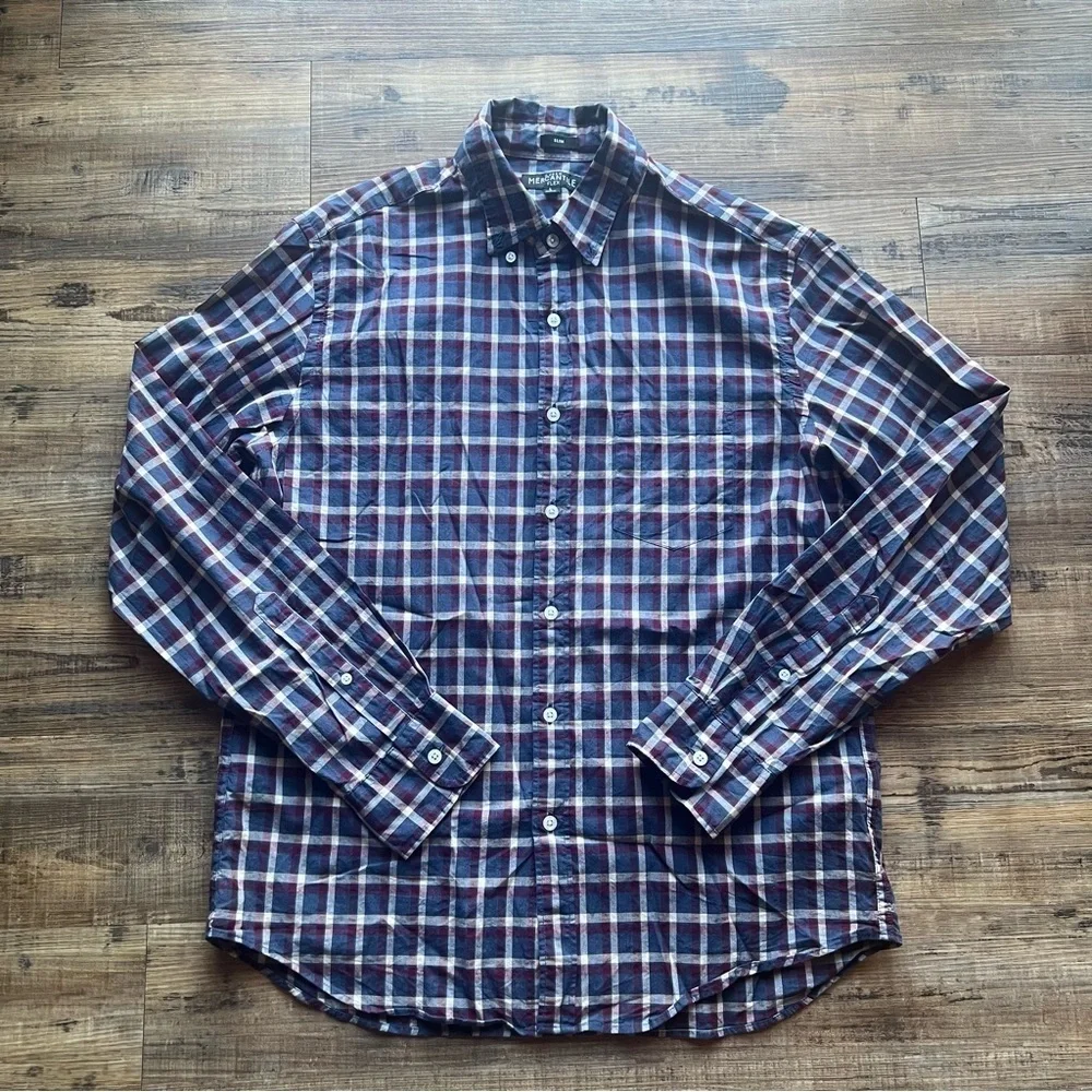 J. Crew Mercantile Flex Mens Slim Plaid Long Sleeve Button-Down Shirt Sz Large